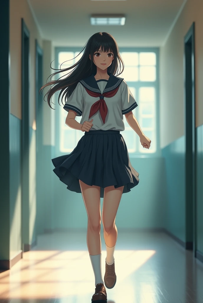 (Raw photo:1.2), (Photorealistic:1.4),Sailor suit,A young woman with long hair who looks both young and grown-up,Calm expression,Gently glance over,Long black hair,Background is a school hallway,Running with her skirt fluttering,The woman has a modest smile,10 second video,Bust 93、Waist 58、Mature figure with hips of 88cm