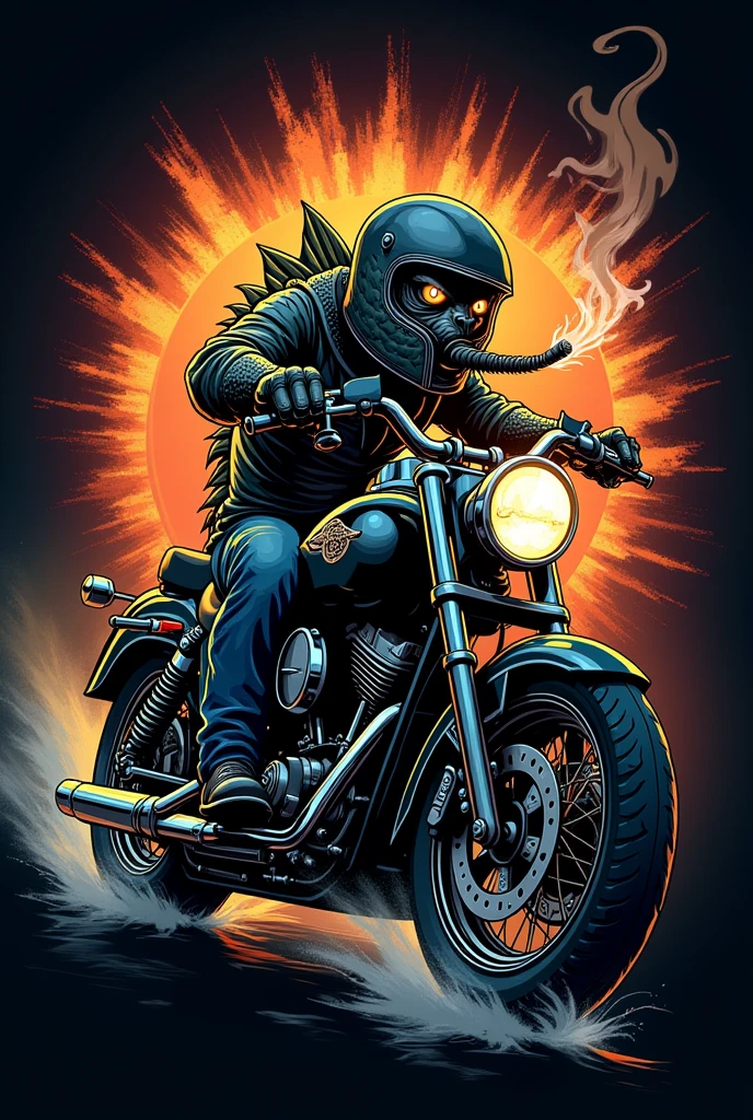 Motorcycle club logo of a catfish smoking cigar while wearing a motorcycle helmet and riding his motorcycle, that gives off rays 