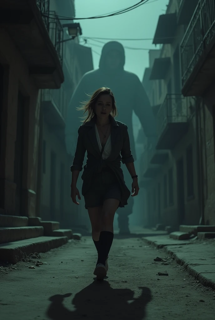 It shows a woman walking alone on a dark and deserted street in the city of La Paz.... (Bolivia). She turns around and sees a shadow approaching quickly... His expression is one of panic. She starts running, with a determined but frightened look, As the shadows draw closer