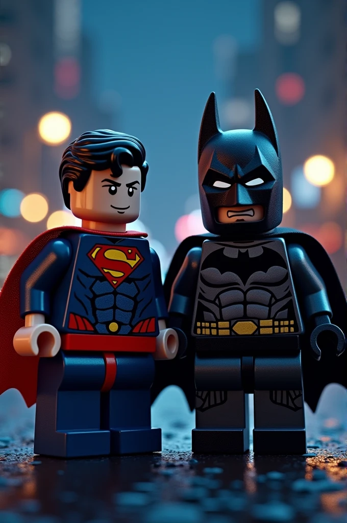 Superman and Batman in Lego art, at night.