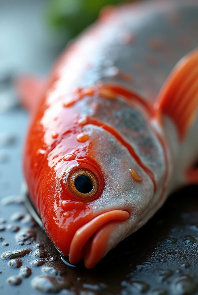a raw fish, high quality realistic photo, detailed scales, glistening wet surface, fresh and vibrant colors, natural lighting, close-up shot, photorealistic, 4k, hyperdetailed, masterpiece
