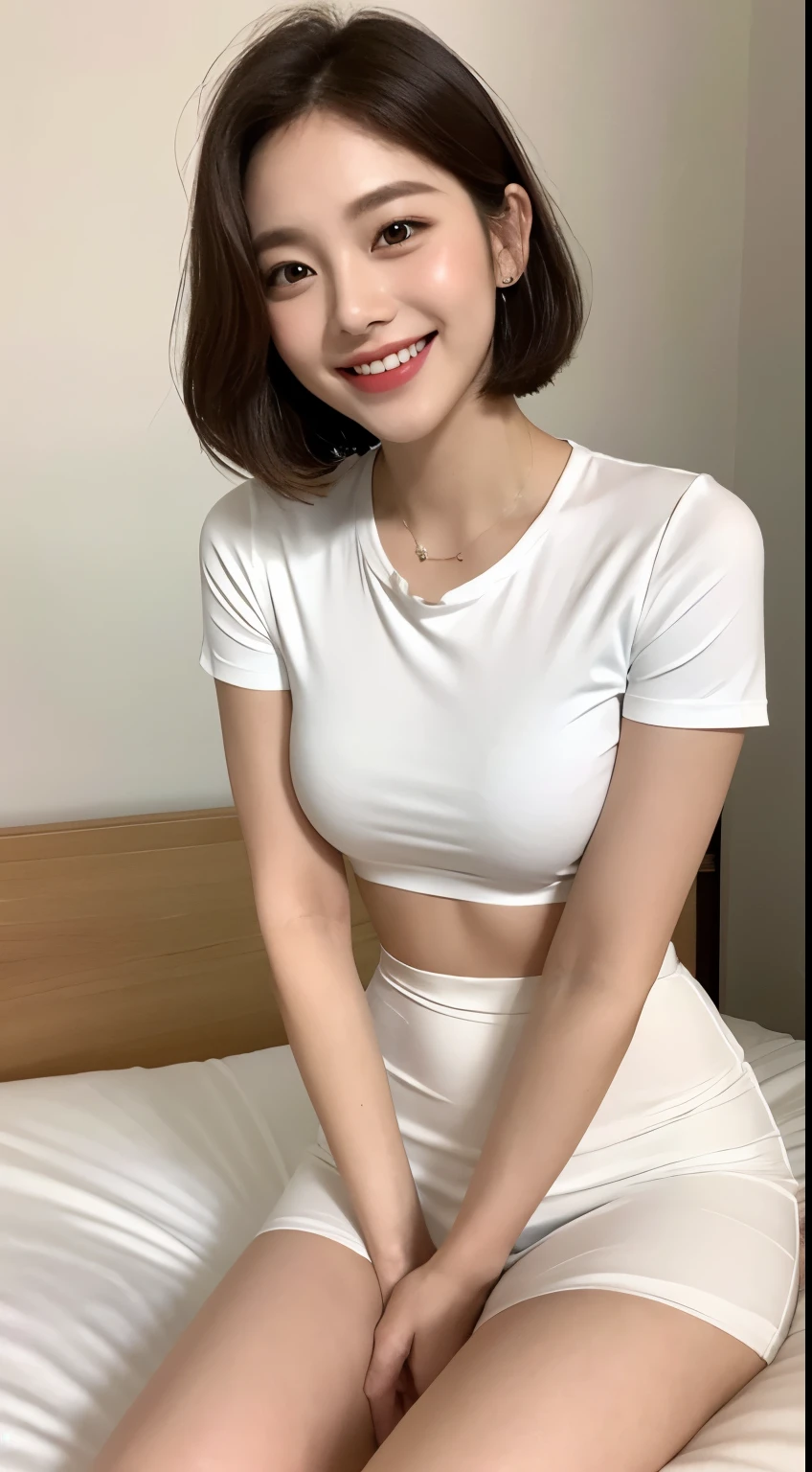 White tight skinny shirt、White mini skirt、bed、smile、Short sleeve、High resolution、Korean idol face、double eyelid、White teeth、short hair