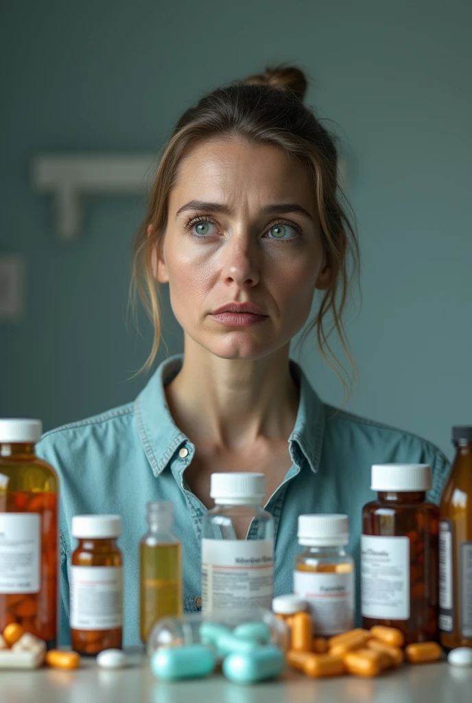 create images of a woman in front of several medicines the woman is apprehensive, ultra realistic images must be generated 