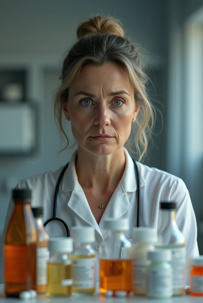 create images of a woman in front of several medicines the woman is apprehensive, ultra realistic images must be generated