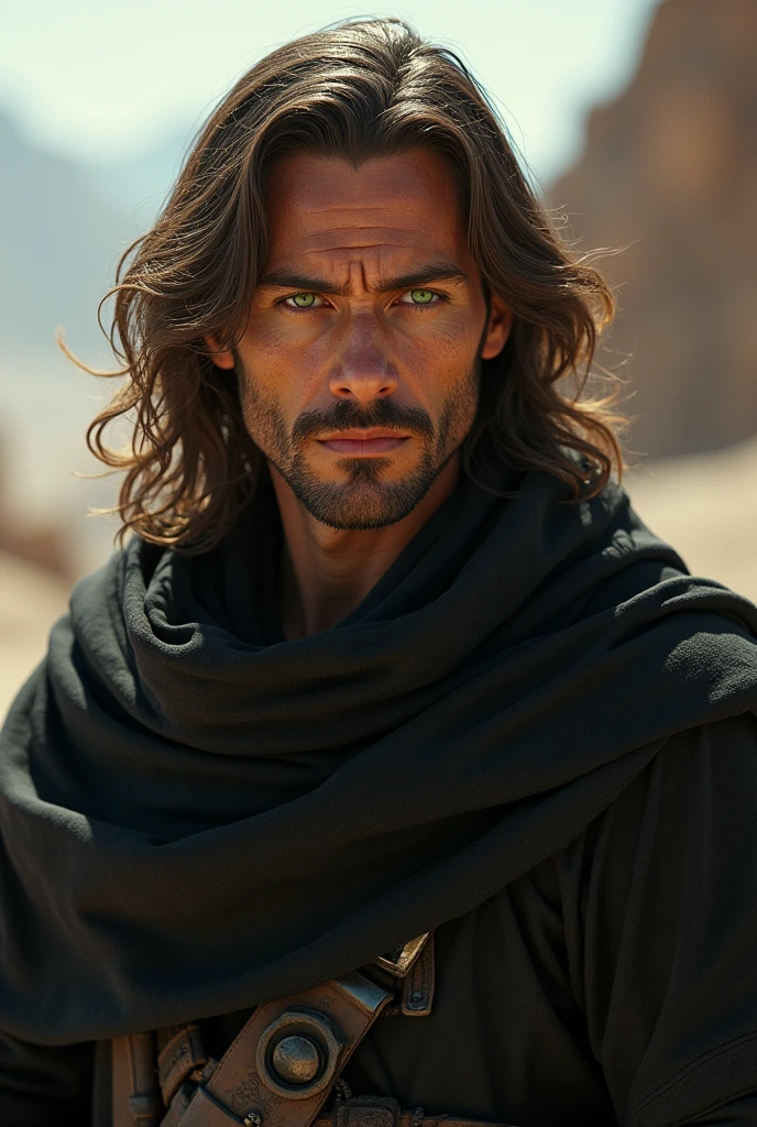 male star wars character with black poncho and green eyes long brown hair