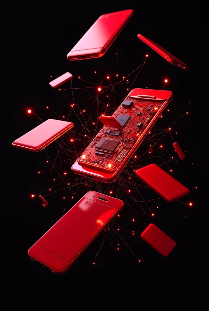 red cell phones with technology lines disassembling on a black background 