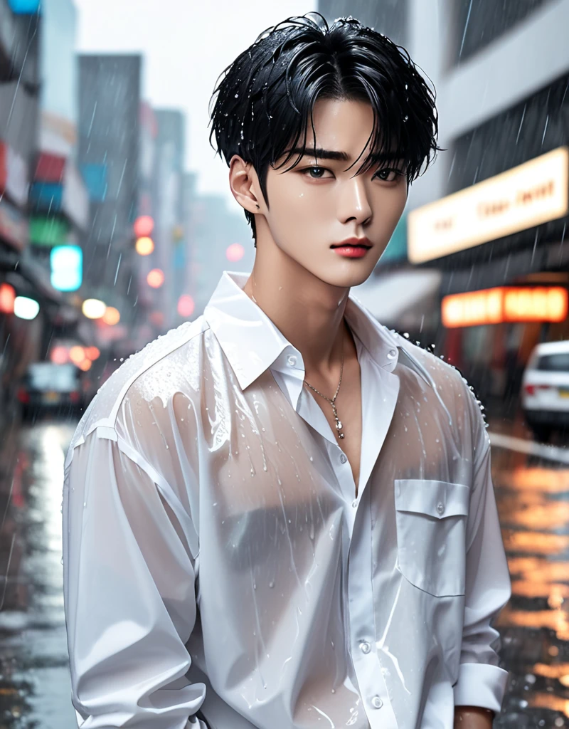 handsome korean man. fashion model, black hair. He look like kpop singers. Such as Cha Eun Woo, donghae.  Detail face. He is now on the street. Wearing white colour shirt. Heavy rain by now. He got wet. Sexy look