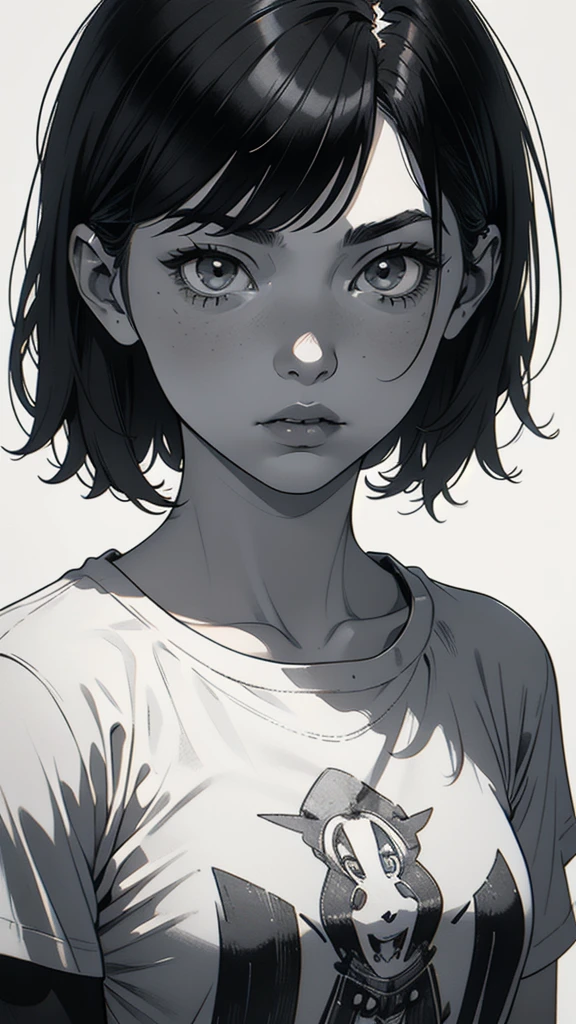 1 boyish girl, solo, sharp eyes, monochrome, greyscale, short black hair, portrait, white T-shirt, thin eyebrows, closed mouth, looking at viewer, graphite \(medium\), detailed lips, hatching \(texture\), without makeup, full bangs, upper body, (best illustration), (best quality), (very detailed), (masterpiece), expressionless,