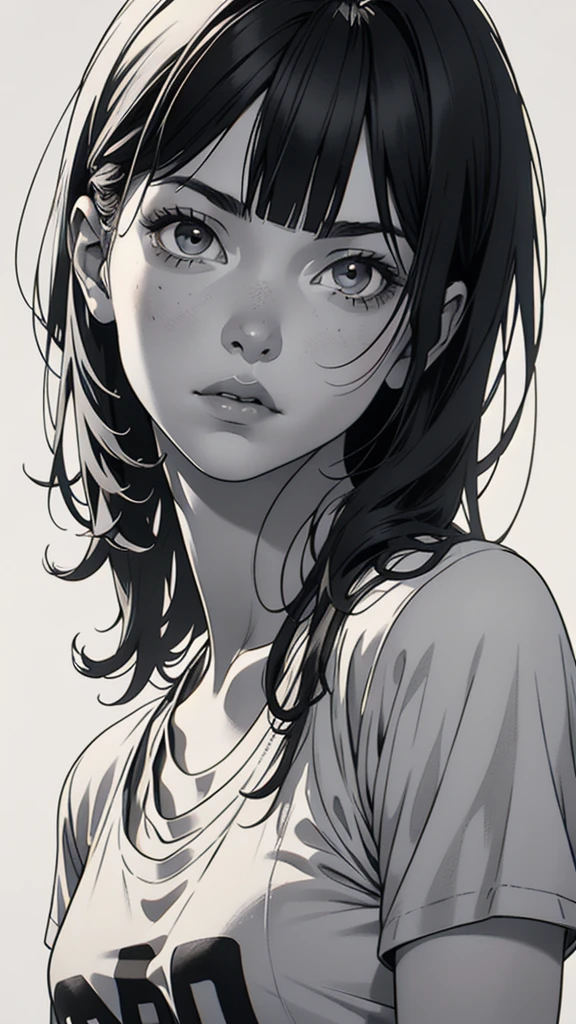 1 boyish girl, solo, sharp eyes, monochrome, greyscale, short black hair, portrait, white T-shirt, thin eyebrows, closed mouth, looking at viewer, graphite \(medium\), detailed lips, hatching \(texture\), without makeup, full bangs, upper body, (best illustration), (best quality), (very detailed), (masterpiece), expressionless,