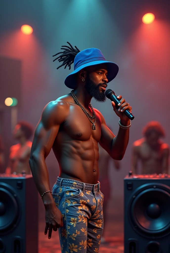 Full Body of a Realistic Caribbean Black Man with haircut inspired by flora with olive skin,
Dancehall Music Singer, Blue Color bucket Hat in Blue Color, taking a singing position with one microphone in his Hand, against two soundsystem subwoofers as if he is singing in reality, People are watching and dancing around him, during the night, summer clothes, bokeh background, caribbean outdoors background, attire, 3D effect through expert shading, smooth textures, vivid colors, Hourglass Shape,