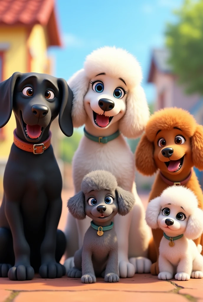Pixar cartoon of six dogs: 1 black labrador, 1 poddle blanco, 1 poodle gris, 1 mini poodle gris, 1 white poodle with black and 1 white poodle with a black spot on the eye.