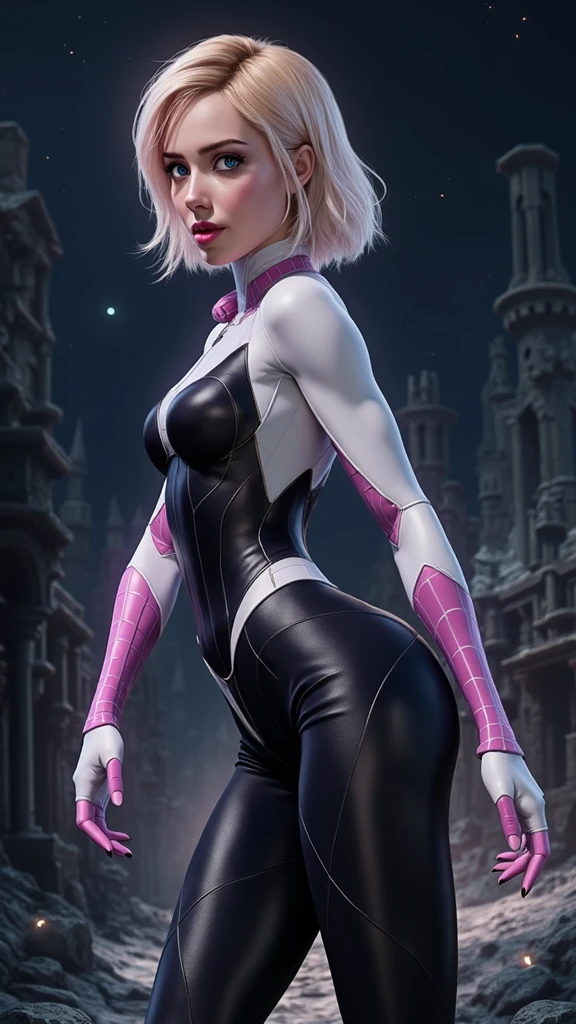 (back view, back view),(La Best Quality,A high resolution,ultra detailed,actual),Spider-gwen standing in a city at night, araña-gwen, araña - gwen,(BodySuit látex white plastic transparent :1.4), (spider gwen:V2.1 ) , (Gwen Stacy:V2.1 ) ,,(Ruined dungeon ruins background:1.4 ), Estilo de epic fantasy art HD, 4K fantasy art, epic fantasy digital art style, epic fantasy art style, fantasy woman, epic fantasy art portrait, epic fantasy style, hyperrealistic fantasy art, fantasy art in high definition, Epic fantasy character art.., epic fantasy art, in dark fantasy art style, epic fantasy digital art, (perfect anatomy :1.4),( cinematic lighting :1.4), (the uniform lasts white), 8K more detailed.unreal engine:1.4,UHD,La Best Quality:1.4, photorealistic:1.4, skin texture:1.4, Masterpiece:1.8,first job, Best Quality,object object], (detailed facial features:1.3),(beautiful blue eyes),  (cowboy pose), (face detailed Gwen Stacy :1.4),( Gwen Stacy :V2.1), (Five fingers, four fingers and thumb),(she has a beautiful beautiful ass ), (shiny white tights:1.4),(bright colors),( big bright moon background :1.4) (perfect anatomy detailed :V2.1), (perfect human fingers :1.4), (face detailed :1.4), (estilo cinematográfico :1.4), (efectos cinematográfico :1.4), (colores cinematográfico),( pose americano :1.4), (pose medio cuerpo :1.4) 