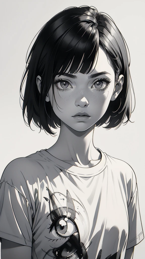 1 boyish girl, solo, sharp eyes, monochrome, greyscale, short black hair, portrait, white T-shirt, thin eyebrows, closed mouth, looking at viewer, graphite \(medium\), detailed lips, hatching \(texture\), without makeup, full bangs, upper body, (best illustration), (best quality), (very detailed), (masterpiece), expressionless,