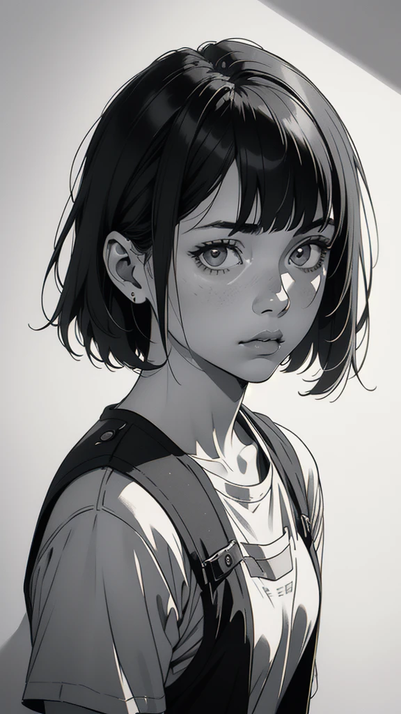 1 boyish girl, solo, sharp eyes, monochrome, greyscale, short black hair, portrait, white T-shirt, thin eyebrows, closed mouth, looking at viewer, graphite \(medium\), detailed lips, hatching \(texture\), without makeup, full bangs, upper body, (best illustration), (best quality), (very detailed), (masterpiece), expressionless,