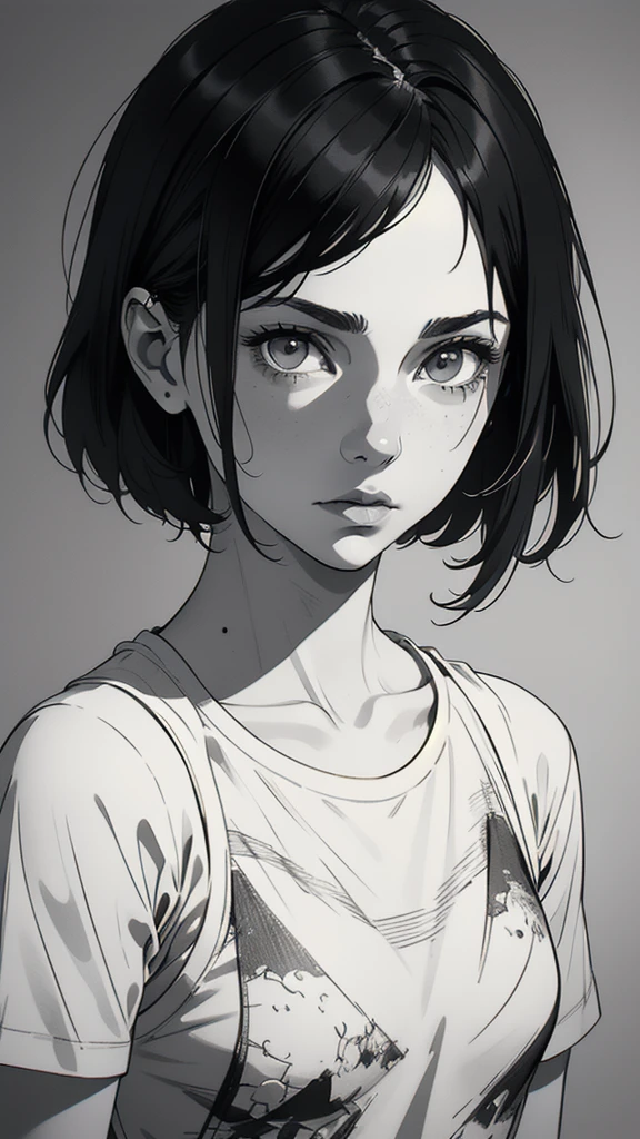 1 boyish girl, solo, sharp eyes, monochrome, greyscale, short black hair, portrait, white T-shirt, thin eyebrows, closed mouth, looking at viewer, graphite \(medium\), detailed lips, hatching \(texture\), without makeup, full bangs, upper body, (best illustration), (best quality), (very detailed), (masterpiece), expressionless,