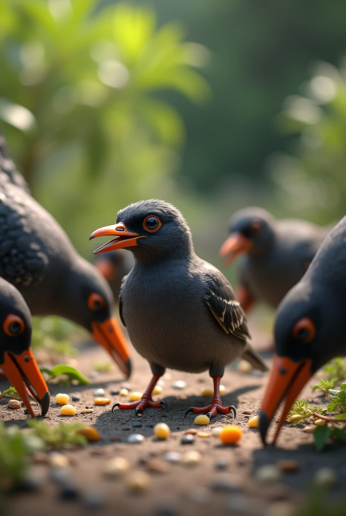 A sooty pinzon, It is a small, agile bird with soft, dark plumage and a small beak that lives on the Galapagos Island. Several large-beaked finches pecking at seeds and a small finch with a small beak. A small-beaked finch.eating an insect