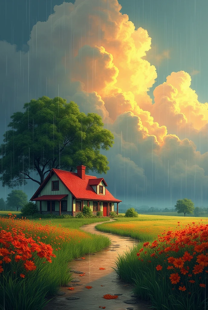 Create a landscape of a scene countryside screen during a gental summer rain .A cozy cottage with a red roof is nestled near a large ,lush green tree .The sky is filled with dromatic,billowing cloud in vibrant shade of orang and yellow, illumination by sunlight breaking through,creating a striking contrast with the dark blue rain clouds .A narrow, winding path lead to the cottage ,borderd by windflower in bright red and orange house and rich green grass small puddles form from the rain along the path