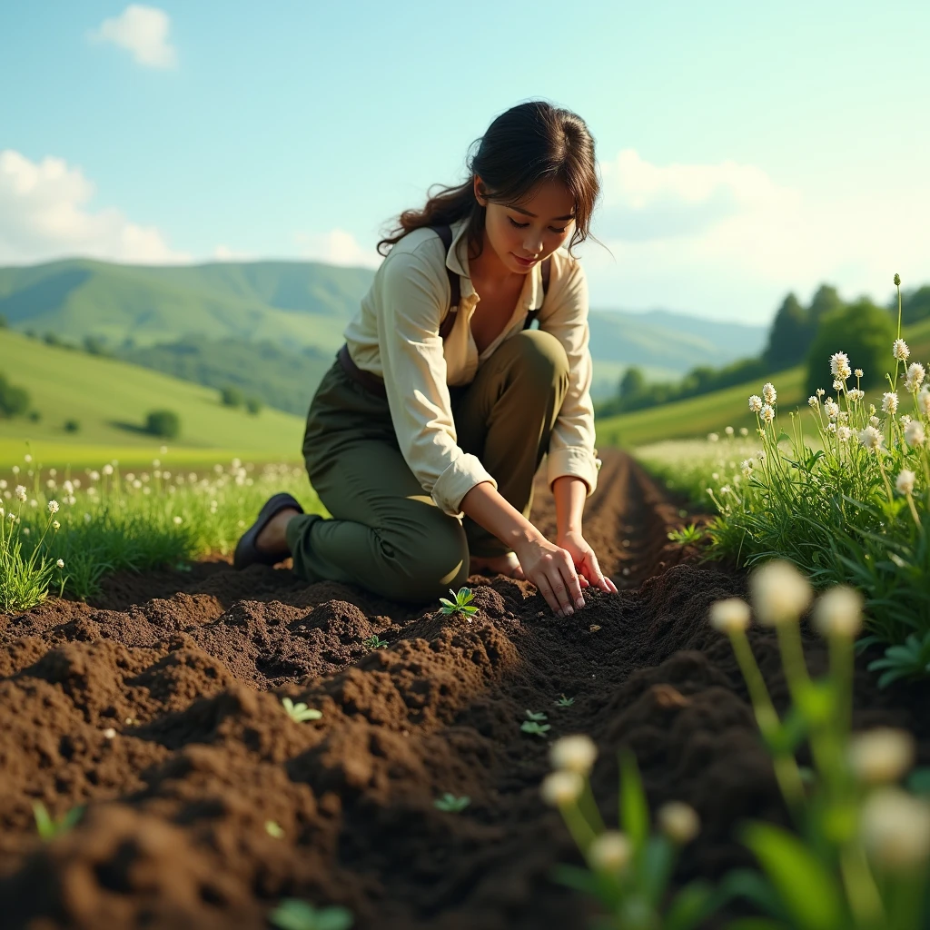 a place with good soil for planting, with a close-up of the land where a woman is planting many seeds.