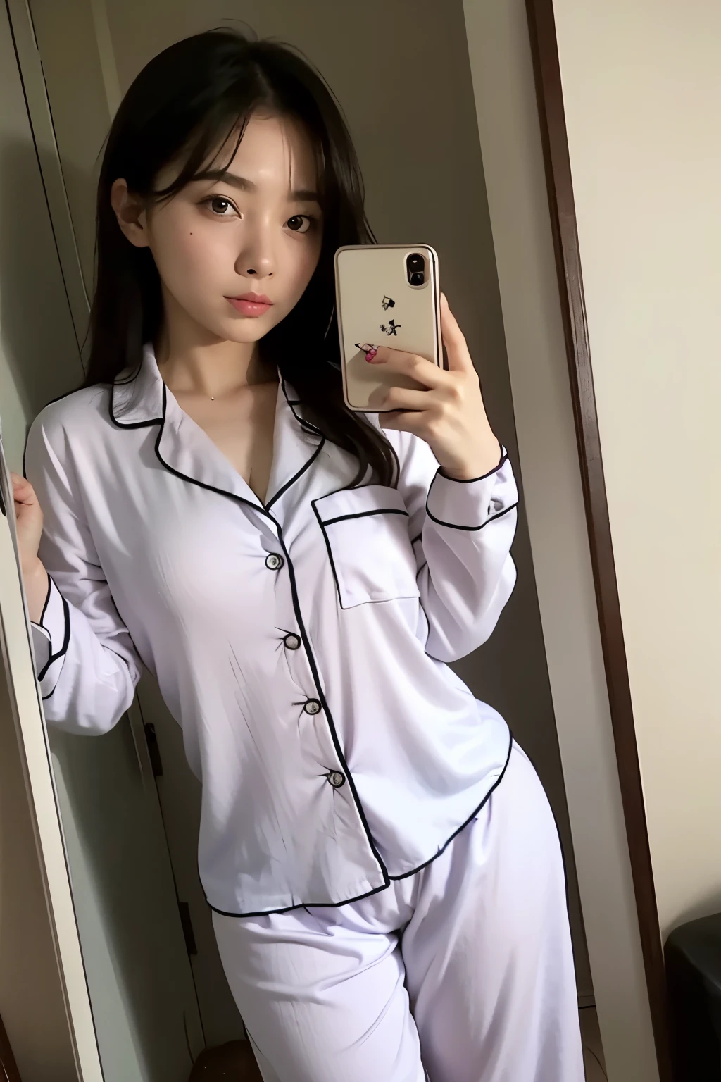 now she took a picture of herself in the mirror, She's wearing pajamas