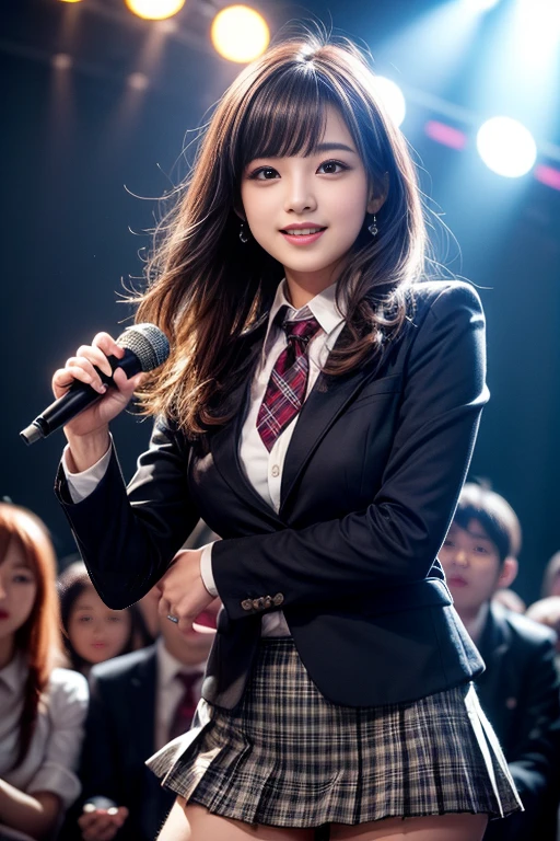 (realistic, photo-realistic), (masterpiece, best quality), high resolution, intricate details, extremely detailed, sharp focus, looking at the viewer, solo, 1girl, an idol group member, idol costume, AKB48 costume, navyblue blazer, emblem, white collared shirt, tie, tartan red plaid skirt, pleated miniskirt:1.5), kawaii, cute face, big smile, holding a microphone and singing, dynamic lighting, cinematic lighting, professional lighting, pale skin, detailed face, detailed eyes, beautiful pupils, sophisticated nose, photo background, indoors, the concert venue, audience in background,