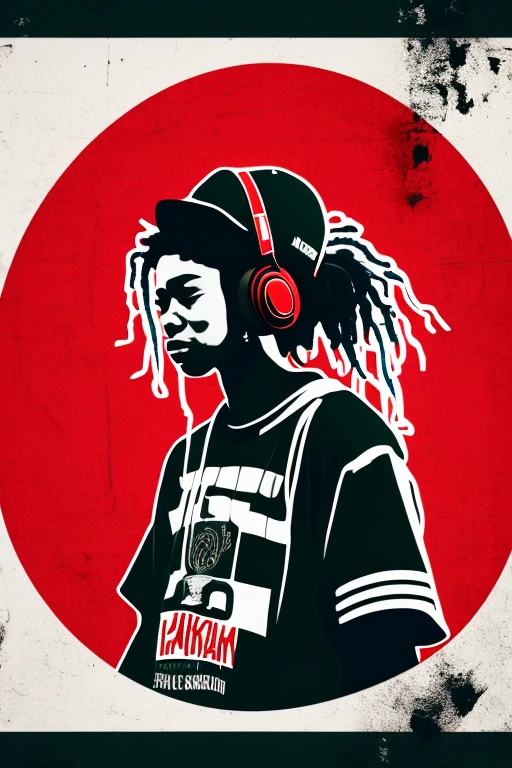 A background filled with scattered musical notes in various sizes and colors、
Creative logo illustration of a silhouette with dreadlocks and red headphones,
Banksy、
A background completely filled with scattered musical notes in various sizes and colors, covering the entire screen.
singer、microphone、Japanese、
beautiful girl colorful image
Dance hiphop Dance CREW Waacking Dance
Punking
black medium hair black medium hair
Five fingers Baggy clothes Baggy clothes
HIPHOP crew、
the Japanese flag, background,patriotic,minimal,simple,bold colors,graphic,flat design,clean