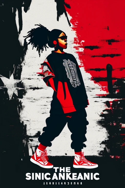 A background filled with scattered musical notes in various sizes and colors、

Creative logo illustration of a silhouette with dreadlocks and red headphones, 
Banksy、
A background completely filled with scattered musical notes in various sizes and colors, covering the entire screen.
singer、microphone、Japanese、

beautiful girl colorful image

Dance hiphop Dance CREW  Waacking Dance

Punking 

black medium hair black medium hair 

Five fingers Baggy clothes Baggy clothes
HIPHOP crew、

the Japanese flag, background,patriotic,minimal,simple,bold colors,graphic,flat design,clean