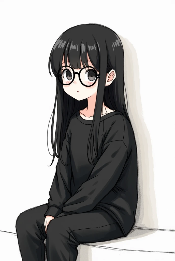 Freehand drawn illustration of a girl sitting down with long black hair (not so long) without bangs and round glasses with black clothes and it looks like it's a sketch
