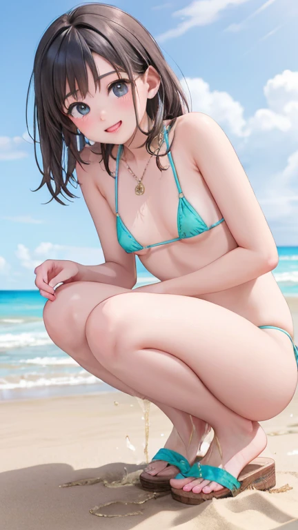 High resolution, Beautiful woman, Attention to detail, Good lighting, Obscene, conversion, ((Micro Bikini)), ((flip flops)),Bare thighs, Bare arms, (((Be incontinent))), (Pee), Peeの染み, (puddle), Thin thighs, Flat Chest，Nice long legs, lipstick, Detailed face, Cute Face, A refreshing and refreshing smile, Red cheeks, ((On the Beach)), (Squat), (Underview),Stick your butt out，Open your knees，Open your heels