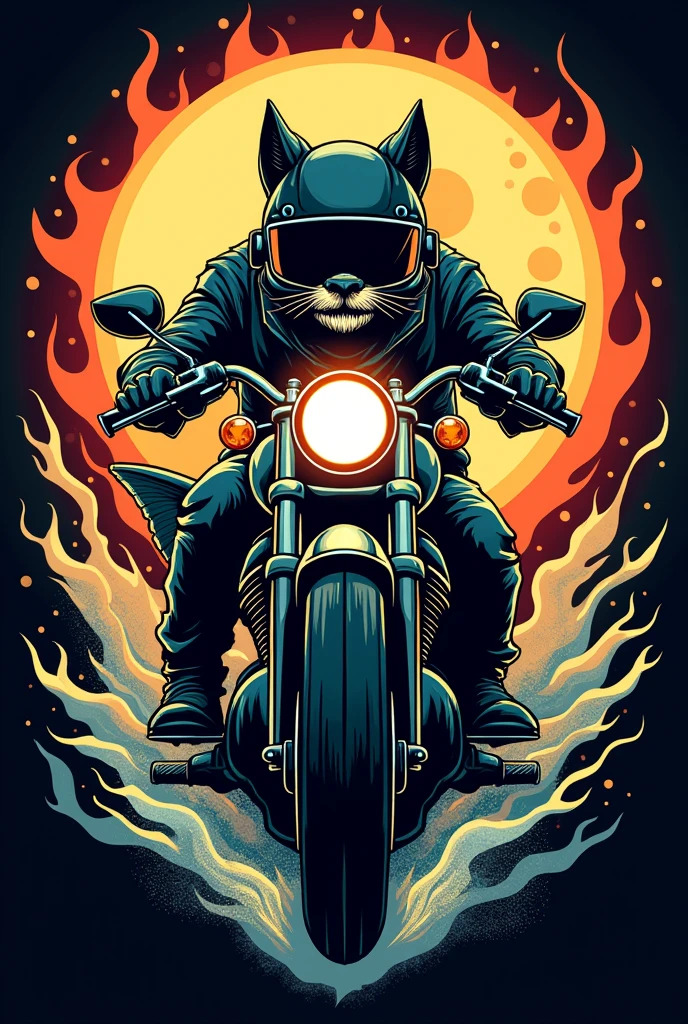 Motorcycle club logo of a catfish while wearing a motorcycle helmet and riding his motorcycle, that gives off rays 