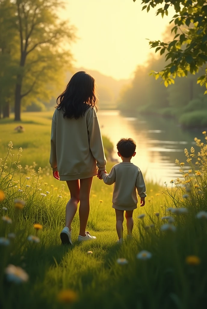 Silhouettes of mother with loose wavy hair and dark skin, medium nose and little son, dressed in jeans and sweatshirts walking hand in hand, near a river, surrounded by green grass in the sunny and green field