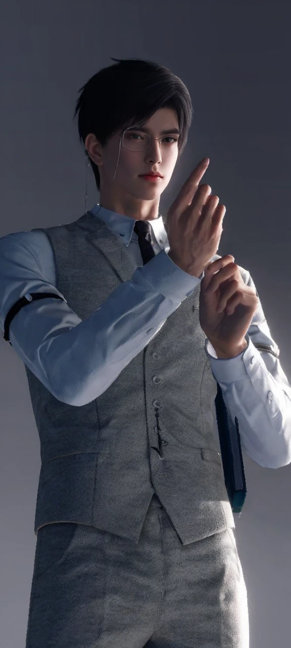 1 male handsome, high resolution 8k, adult, 2, perfect face, detailed face, muscular, black eyebrows, black eyelas, Detailed face, perfect face, real skin texture, detail Perfect hand, details, Real and complete hand details, unreal engine, hd picture, short hair, green to orange eyes, eye details, white skin, Zayne, love and deep space, glasses