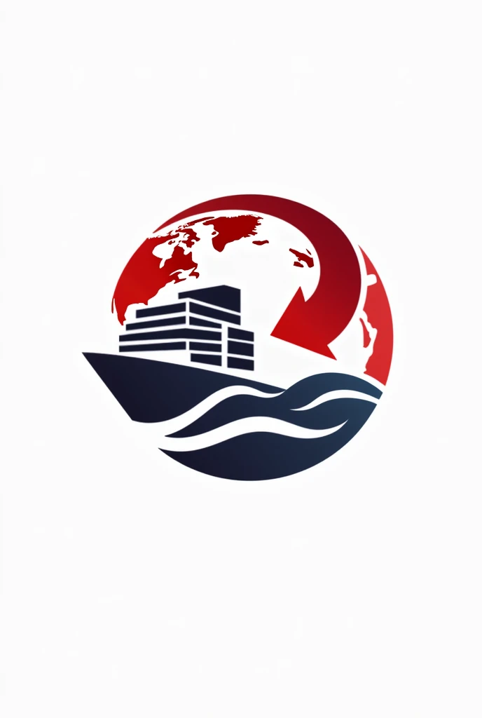draw me import export company logo, Earth logo, has water flowing through, cargo ship on the water, arrow around the earth, main color red white, professional creative style