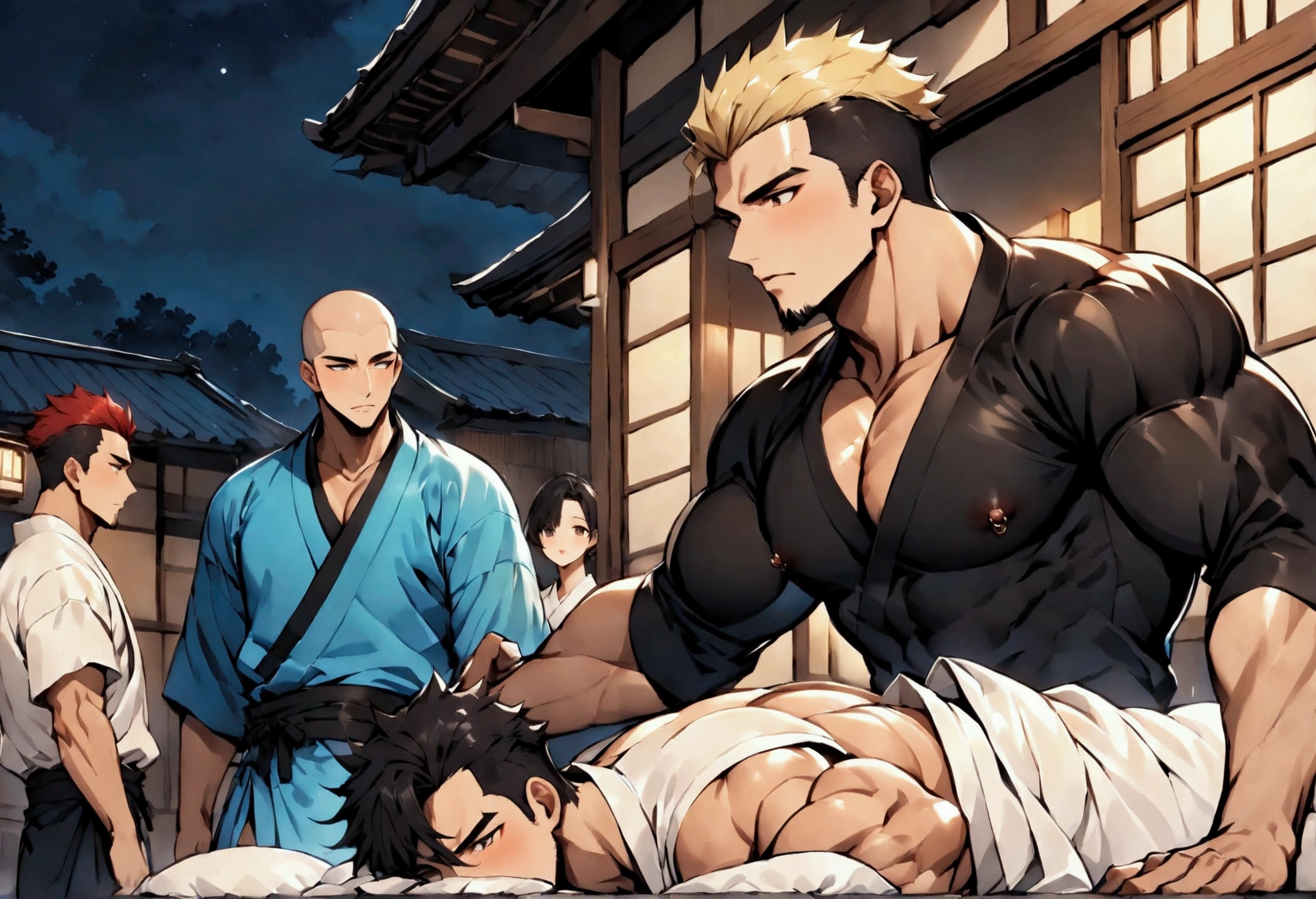 Highest quality、(muscular male:1.3)、(father:0.7)、nipple piercing、4boys、Short Hair、Sports haircut、short hair、Shaved head、Black Hair、Red Hair、Blonde、White Hair、Wearing a yukata and laying out a futon at an inn、night