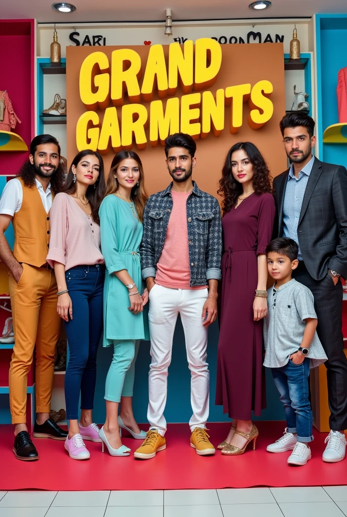 Make A advertisment photo in hindi language to share on social media ads of my new garments shop opening named "Shri shyam Garments" where I will sell all clothes for mens, women's,kids and footwear too , include "Shri shyam Garments" as the shop name