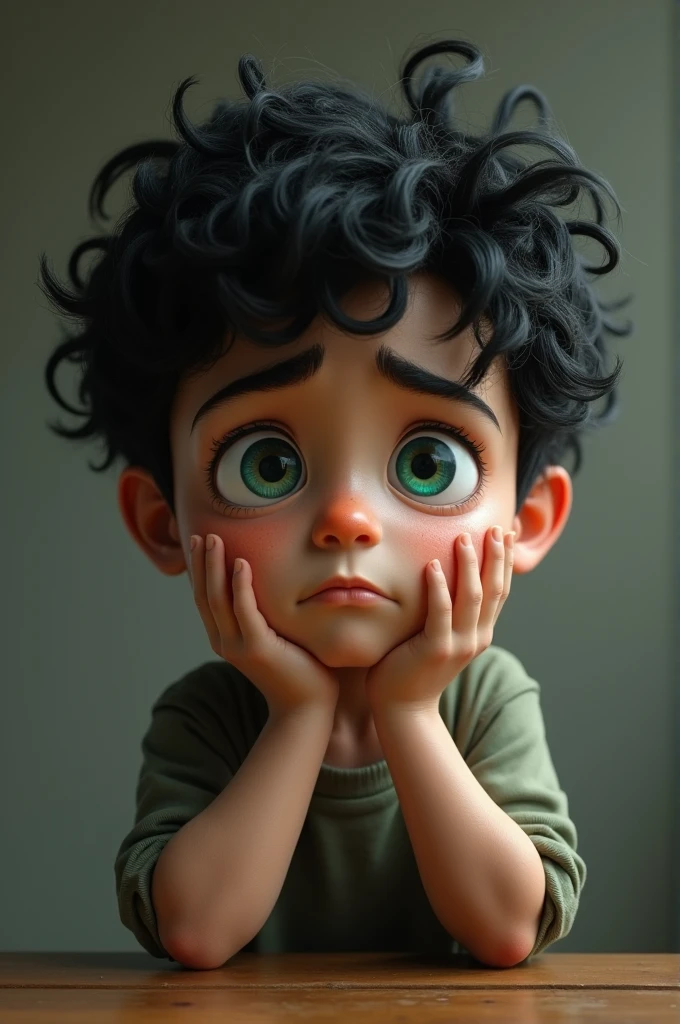 A boy with curly hair and green eyes who is upset