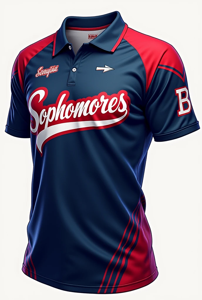 shirt that says sophomeres with the colors navy blue, Red and white