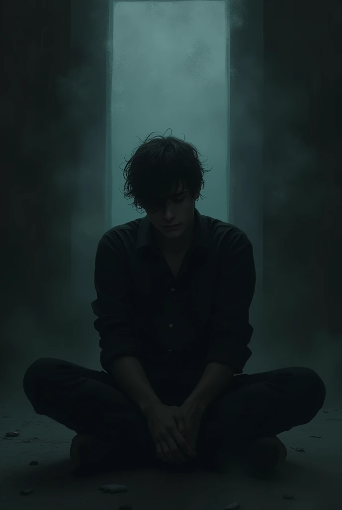 A sad man is lost in dream. Background is in a dark room