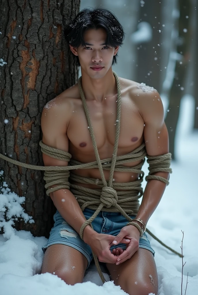 (((muscular,shirtless guy))), (((young, slim, muscular, fit, boy))), (((ripped sixpack))), ((((Trussed up completely with rope)))), ((((ropes crossed over )))), (((body trussed up in tight fitting  ropes))), (((beautiful boy))), (((beautiful face, K-pop type))),  (((slim fit body))), ((medium-lenght curtain hairstyle))), (((wearing shorts))) kneeling, (((arms behind back))), , Smiling, (((in a dense snowy forest))), ((leaning against a tree)))