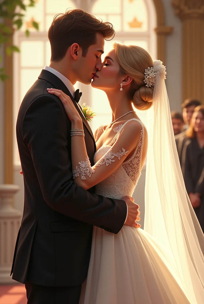 In a tender moment at the altar, a beautiful twenty-year-old bride, with her fair complexion and blonde hair elegantly styled in a bridal bun, kisses her groom. Her long, white gown flows gracefully, adorned with sheer, long lace sleeves and complemented by a delicate wedding veil. She wears shimmering earrings, a matching necklace, and white heels. Her groom, impeccably dressed in a black suit with his fair complexion and dark brown hair, returns the kiss with warmth and affection, their love illuminated by the setting around them.