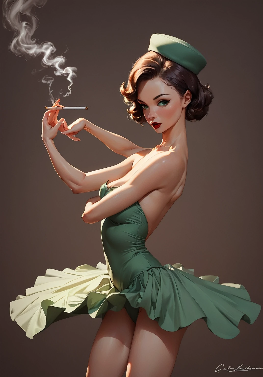 A woman in a green dress and hat smoking a cigarette, otto schmidt, ballerina, pin up art, dark ballerina, pin up, by sergey kolesov, Michael Carson, She is dancing. Realistic, pin up pose, by Alexander Mann, girl pin up, Krentzkus Heart, Roberto Ferri, Gil Elvgren Style, Roysh