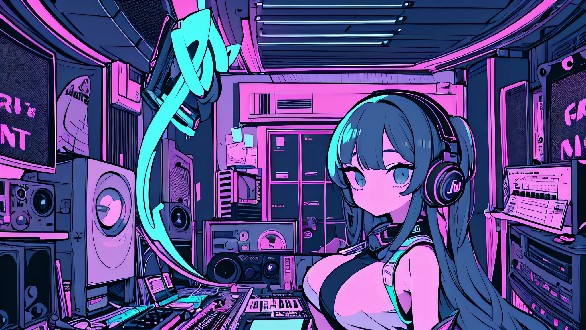 Best quality, (masterpiece), best detail face,1 girl, big breasts, 18 yo, 8k,absurdres,unity 8k wall paper,(extremely detailed:1.3), highest realistic, (retro headphones:), (soft neon light:), (psychedelic), Her room full of music equipment and records, sports wear , See the whole room , dark grey color pallet