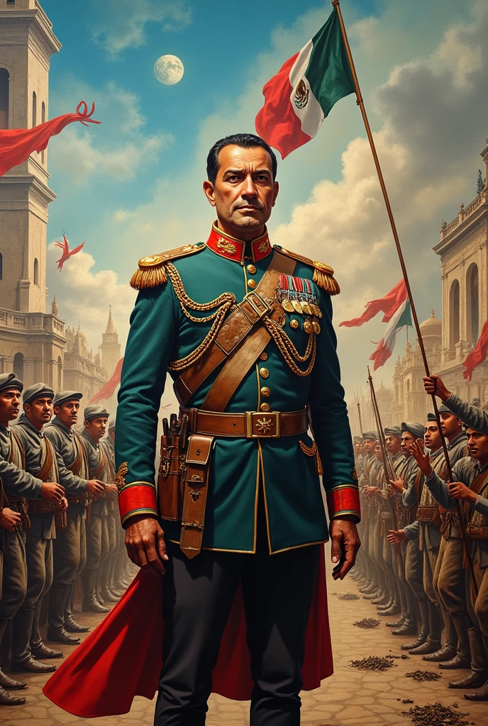 (photorealism:1.2), Imagine a mural about José María Morelos and the struggle for independence.  Morelos in the center, dressed in a military uniform of the time, with a determined expression on his face. Around it, Key scenes from the struggle for independence could be depicted, as insurgent meetings, heroic battles and the raising of the banner of independence. 

In the background, You could include symbolic elements like the waving Mexican flag., Images of peasants and soldiers fighting together and symbols of freedom such as broken chains. Vibrant colors would represent the passion and fighting spirit of the Mexican people. 
