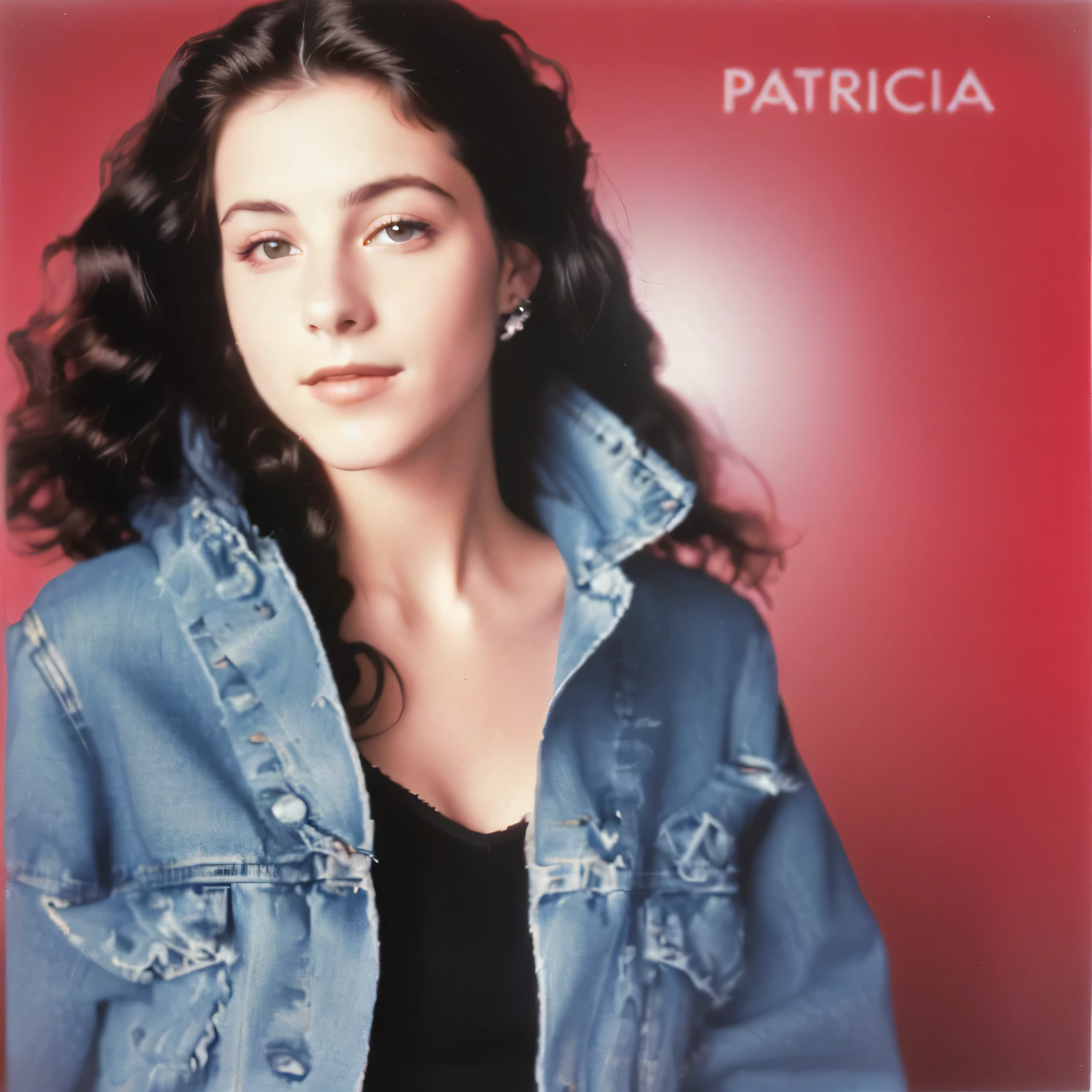 a faded photo of a woman in a denim jacket and black top, an album cover, capa de vinil de 1988, unknown, album cover!, por Penny Patricia Poppycock, looks like Cristina Ricci, her black hair is long and curly, inspired por Penny Patricia Poppycock, pareidolia, patricia piccinini
