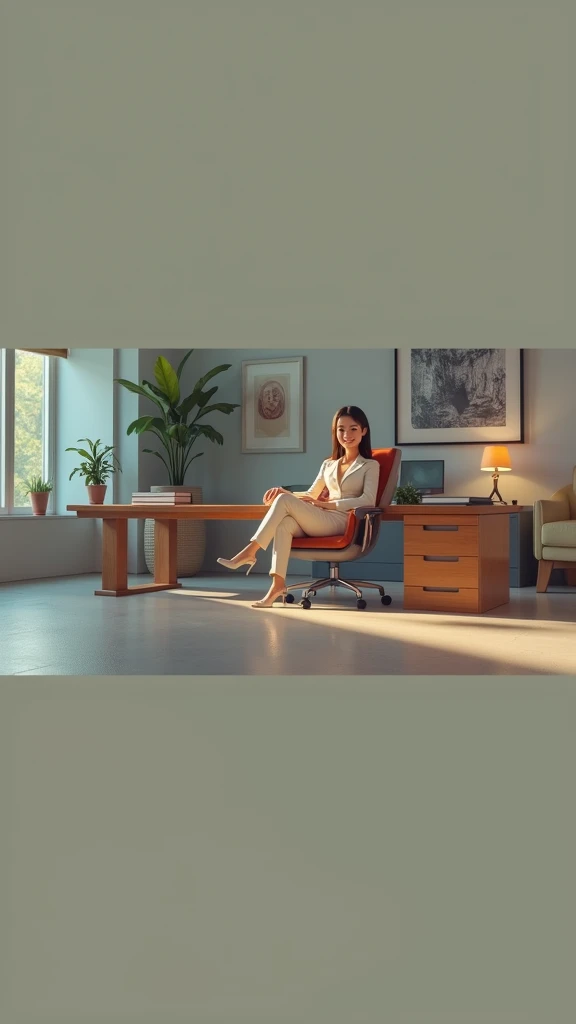 Business woman, off white and orange tone clothes, crossed legs, sitted in chair, smile, calm, confident. Preserve face and hair. Solid scenario, clean room, warm light. Pixar style.