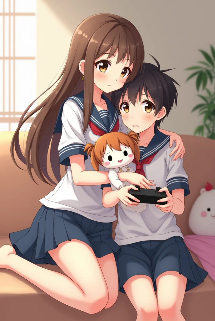 anime girl with long brown hair, brown eyes, pale skin, and wearing glasses a japanese school girl uniform, holding a anime plushy. she is sitting next to a anime boy with hazel eyes, pale skin, and wearing a japanese school boy uniform and holding a game controller.