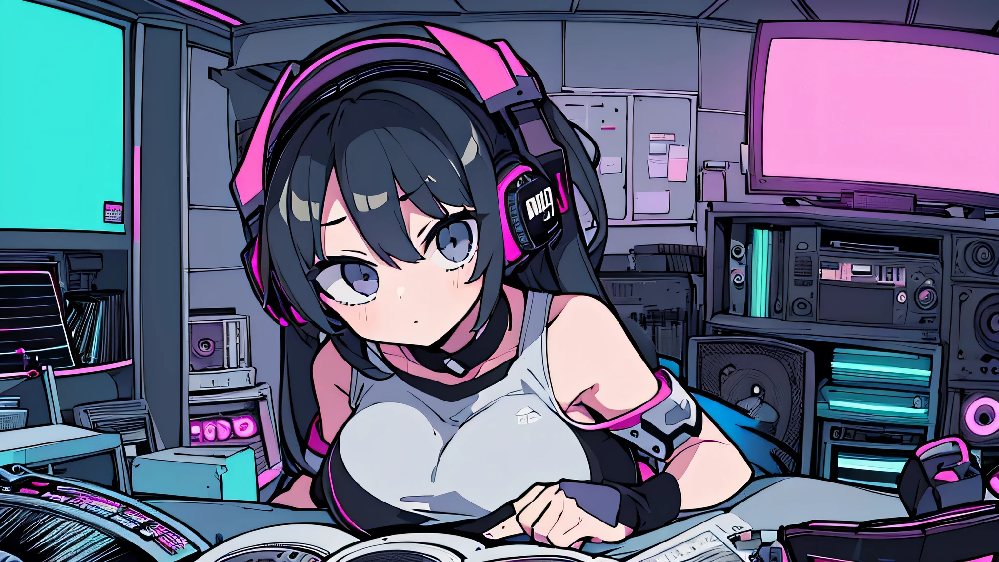 Best quality, (masterpiece), best detail face,1 girl, big breasts, 18 yo, 8k,absurdres,unity 8k wall paper,(extremely detailed:1.3), highest realistic, (retro headphones:), (soft neon light:), (psychedelic), Her room full of music equipment and records, sports wear , See the whole room , dark grey color pallet
