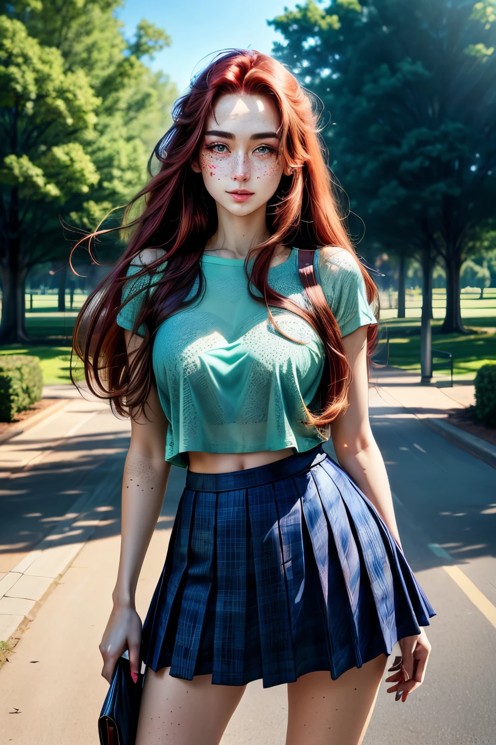 a one woman, long straight red hair, of the whole glass, perfectbody, muslos grandes, blue colored eyes, freckles on the face, face detailed, skirt short, standing, in a park, ray tracing, high resolution, super detaill, 8k, Overview