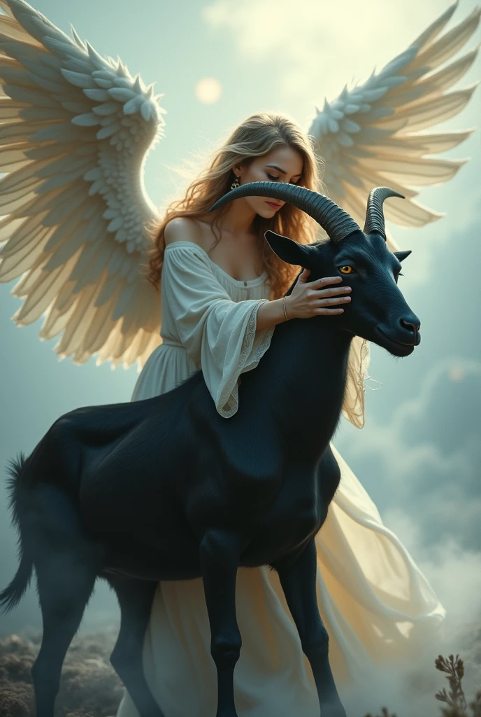 A very beautiful angel was hugging a black goat