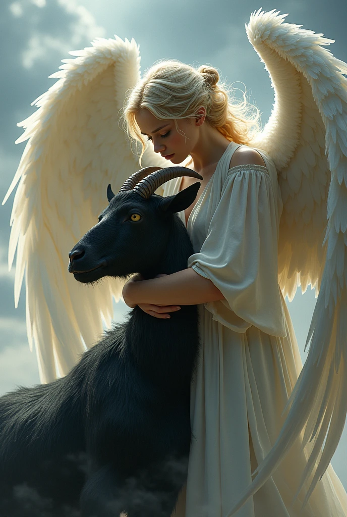 A very beautiful angel was hugging a black goat 