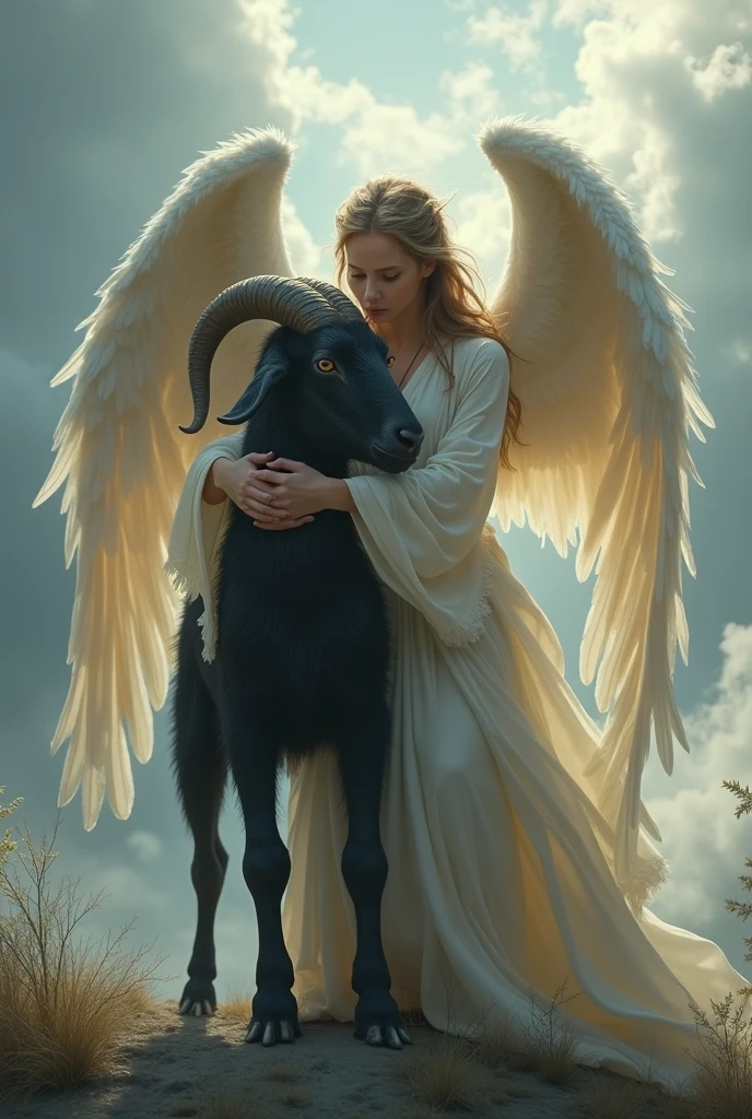 A very beautiful angel was hugging a black goat 